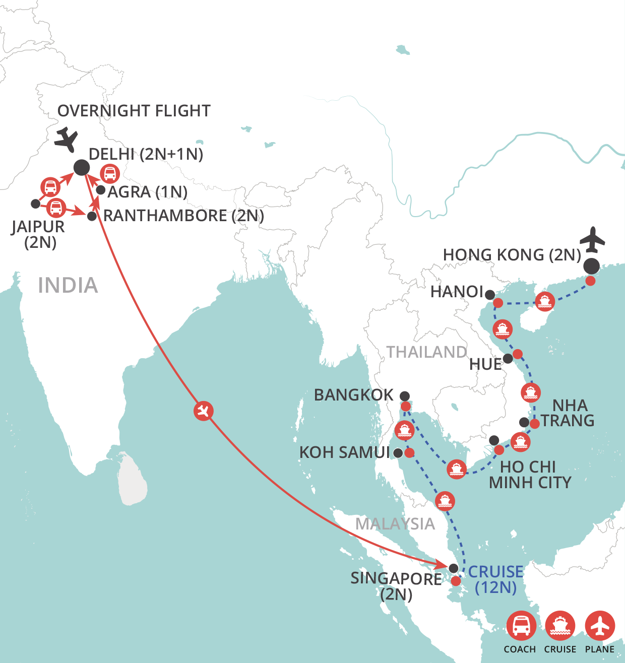 tourhub | Wendy Wu | India by Land, Southeast Asia by Sea | Tour Map