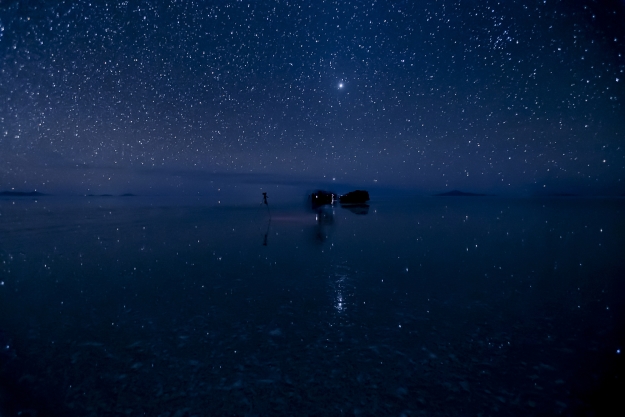 A starry sky reflected on the surface of the Uyuni Salt Flats