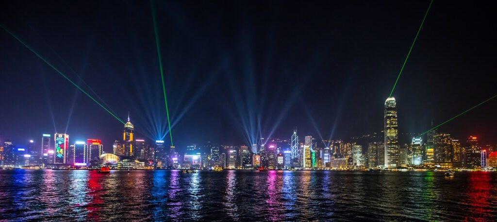 Looking across Victoria Harbour to the skyscrapers of Central during the nightly multimedia 'Symphony of Lights' show.