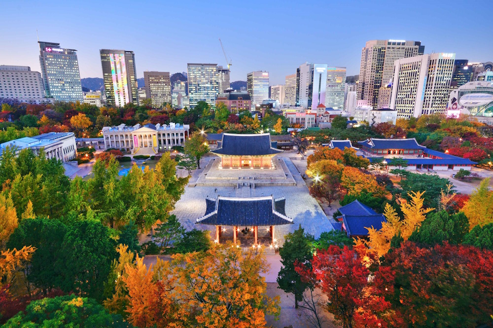 View looking down on an old temple in Seoul, South Korea, surrounded by trees in autumn colours and backed by shimmering skyscrapers.