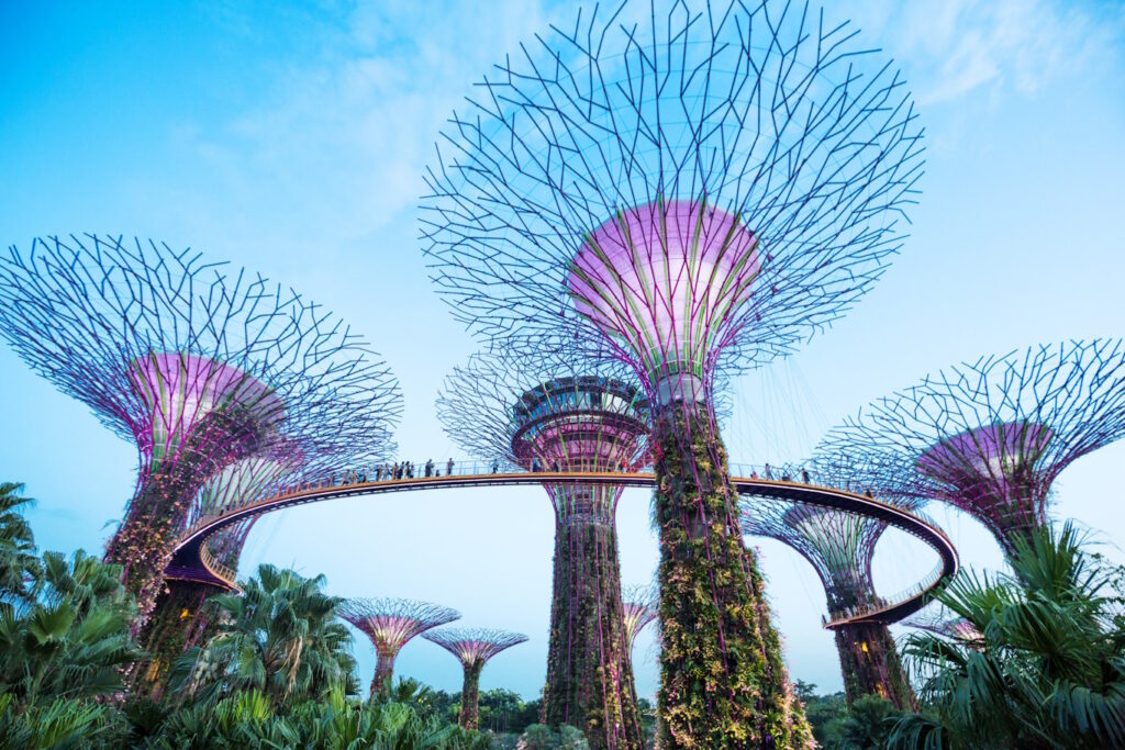 Illuminated Supertrees at Gardens by the Bay, Singapore, towering against the twilight sky with vibrant lights and lush vertical gardens.