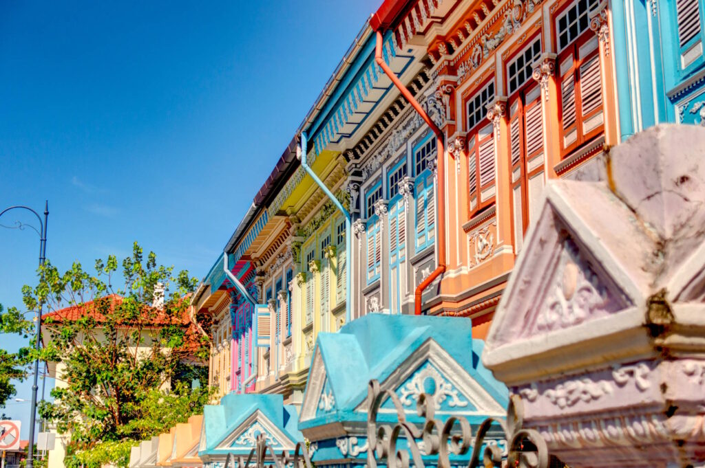 Old, brightly coloured shophouses line the streets of Singapore's Katong-Joo Chiat neighbourhood.