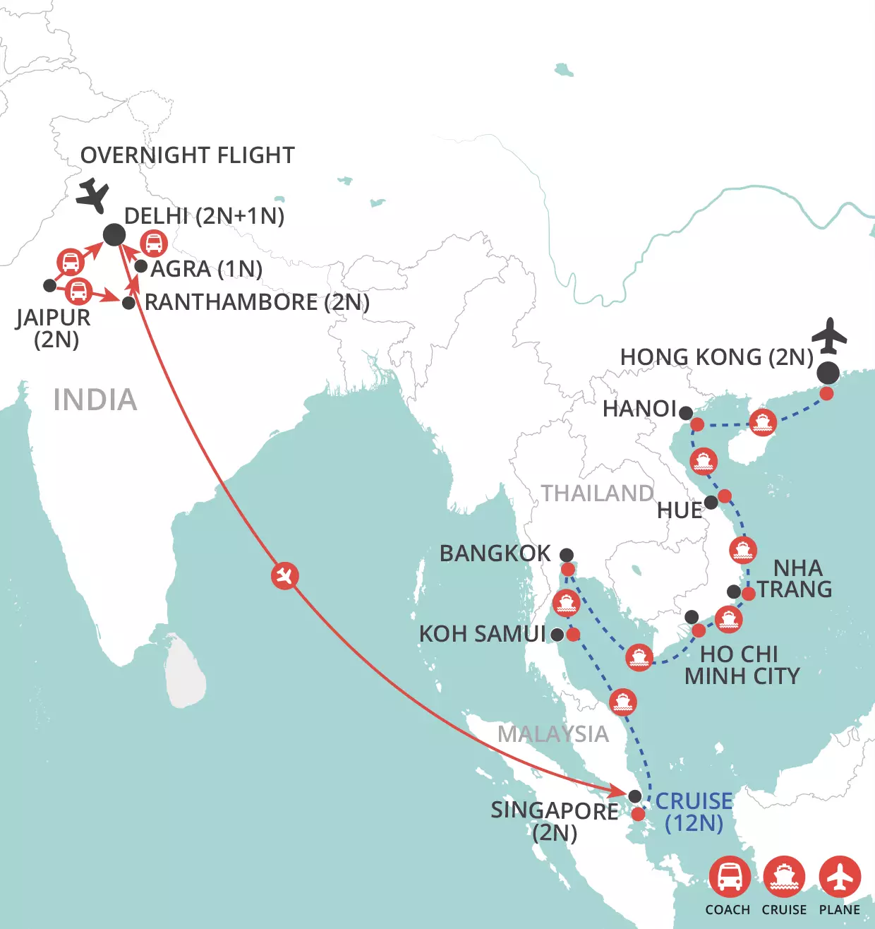 Cruise & Tour - India by land, Southeast Asia by sea