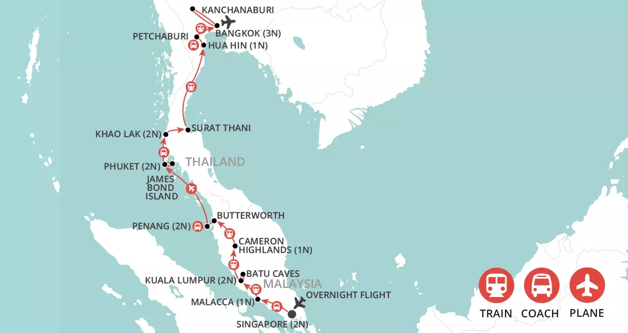 Singapore to Bangkok by Rail map