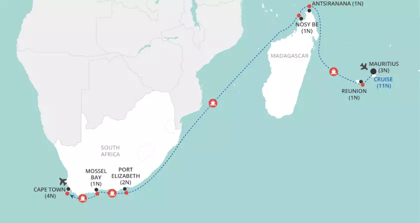 Mauritius, Madagascar & The Western Cape map