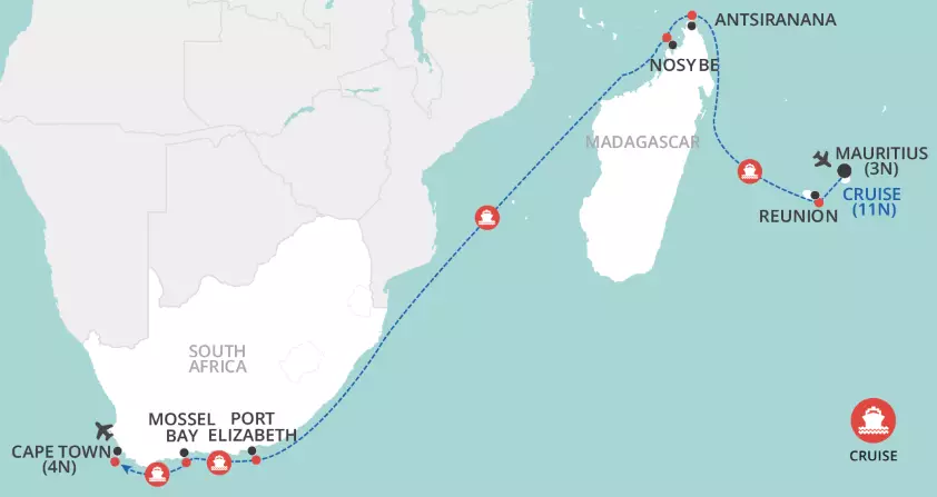 Mauritius, Madagascar & The Western Cape map